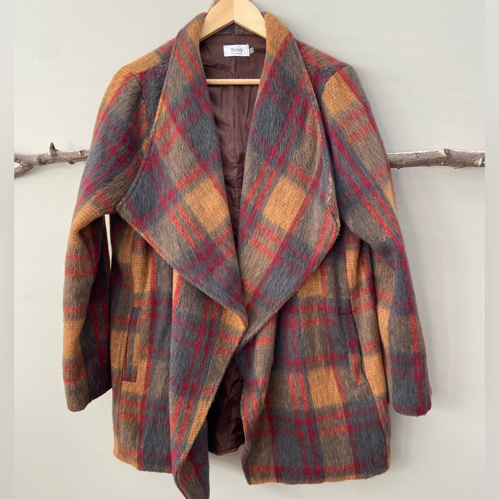 Bluivy Young Contemporary Plaid Oversized “Eyelash” Open Front Casual Coat